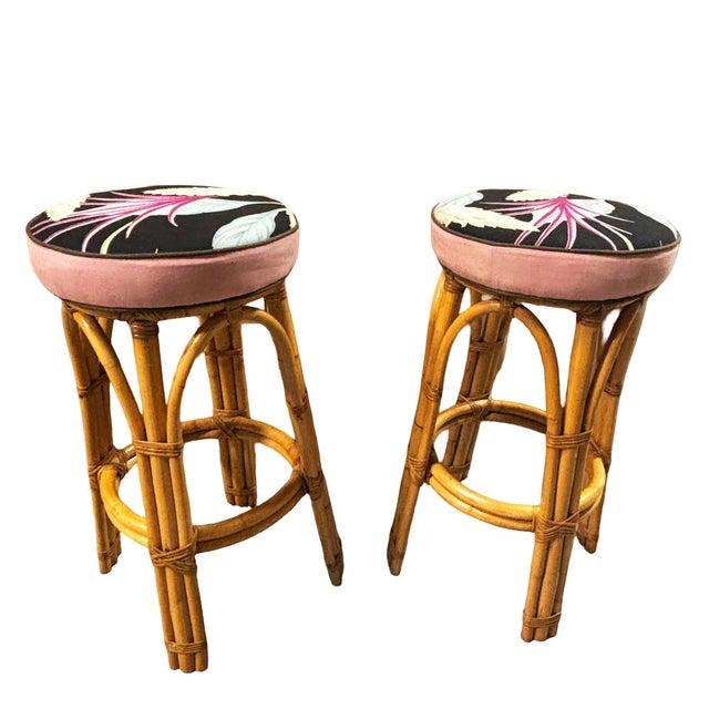 Mid-Century Modern Restored MCM Single Stand Arched Rattan Bar Stool W/ Bark Cloth Seat, Pair For Sale - Image 3 of 8