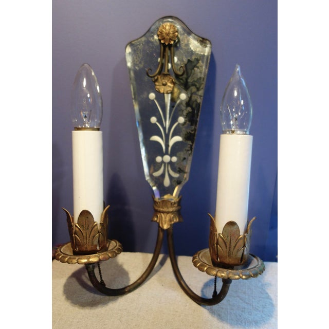 Pair of old Venetian etched mirrored light sconces, with beveled edges, fully functional. Extensive and rather haunting...