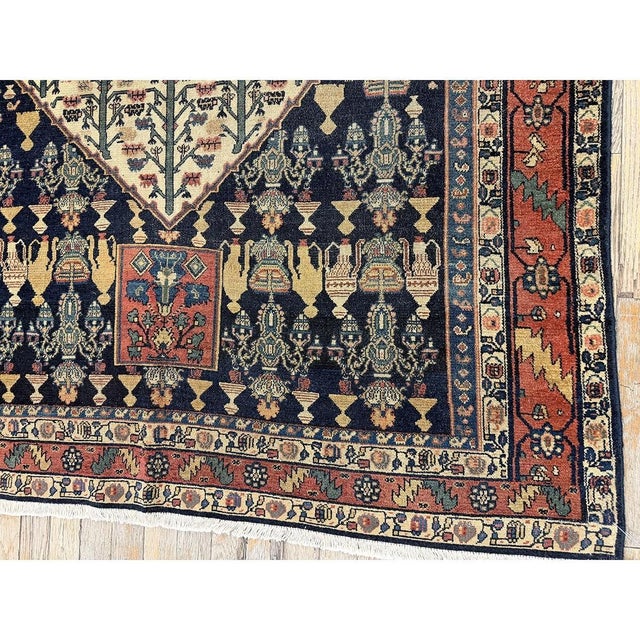 Late 19th Century 1890s Small Deep Blue Classic Vase Medallion Antique Senneh Knotted Wool Rug For Sale - Image 5 of 8
