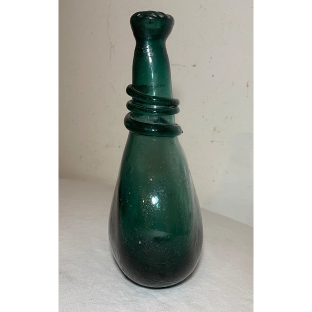 Brutalist Antique 18th Century Hand Blown Middle Eastern Green Saddle Flask Bottle Jar For Sale - Image 3 of 13