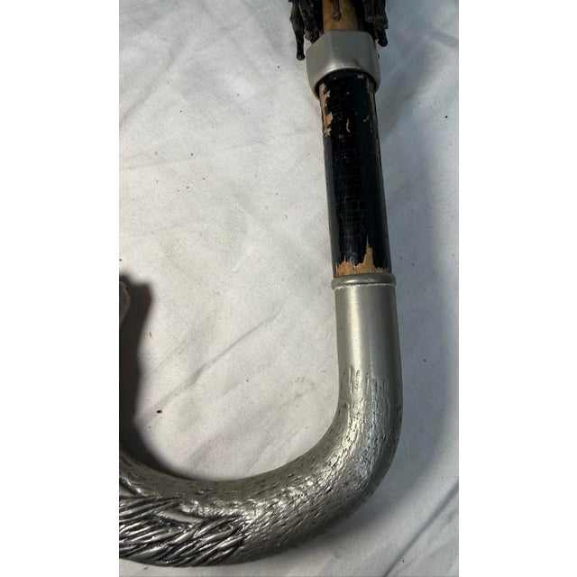 Antique Figural Horse Wood Silver Tone Metal Black Umbrella Parasol For Sale - Image 4 of 11