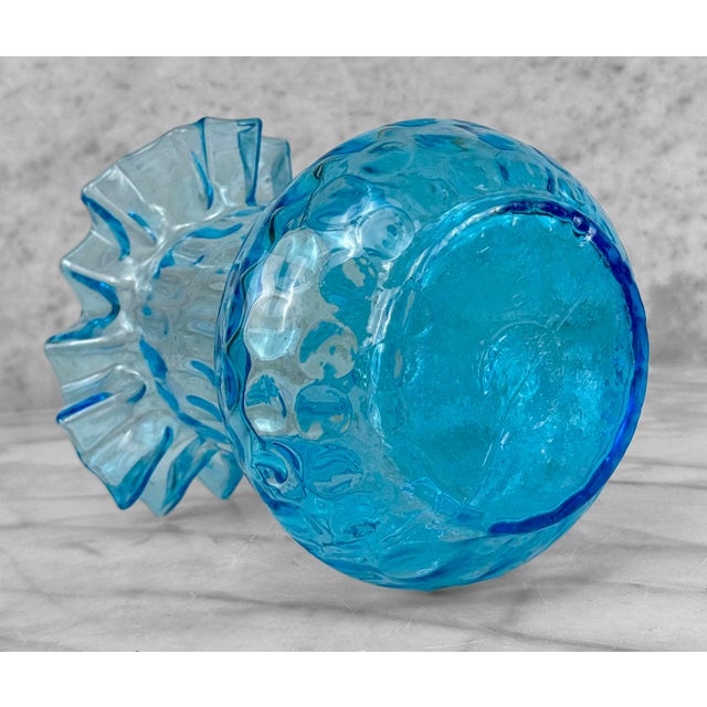 Blue Vintage Peacock Blue Ruffled Art Glass 8" Vase For Sale - Image 8 of 8