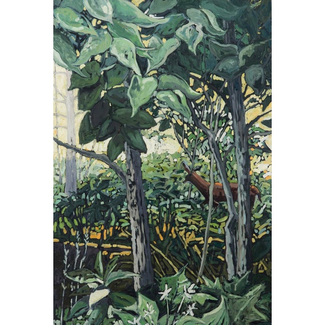 This oil on panel artwork depicts a lush, verdant landscape, where dense foliage surrounds a glimpse of a deer, evoking a...