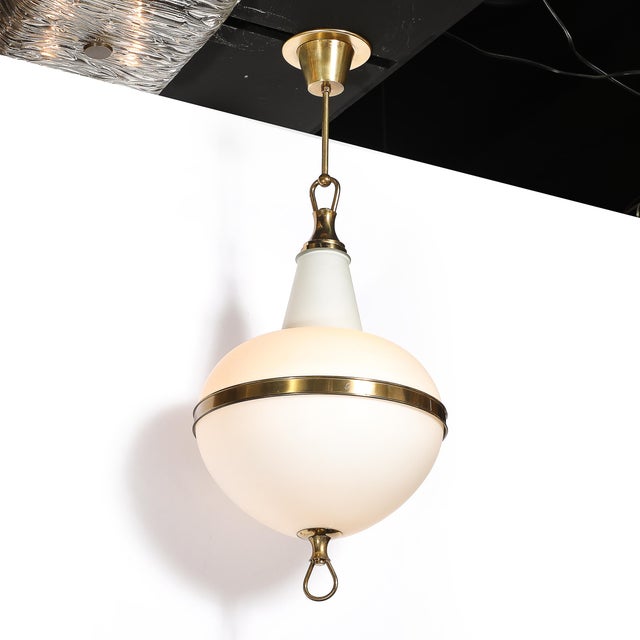 Metal Mid-Century Modern Murano Glass & Brass Banded Detailed Pendant Chandelier For Sale - Image 7 of 18