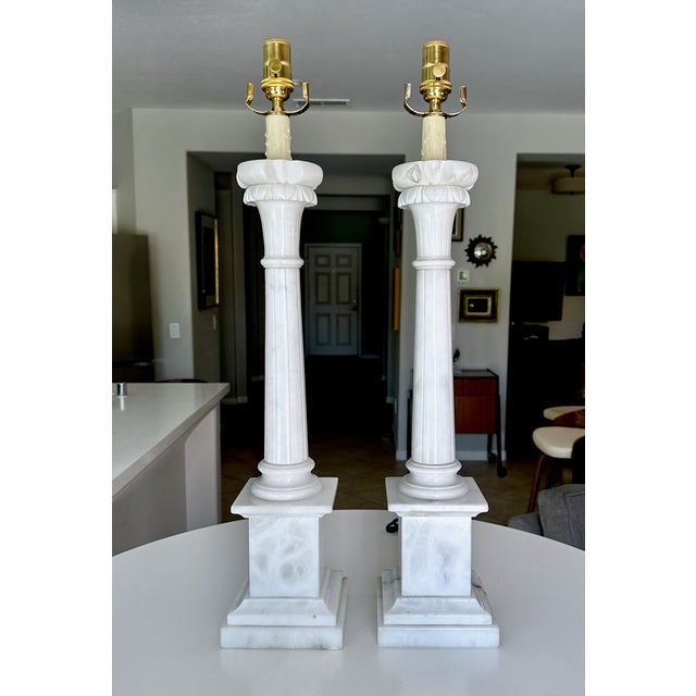 1960s Tall Italian Column Neoclassic Alabaster Table Lamps - a Pair For Sale - Image 4 of 18