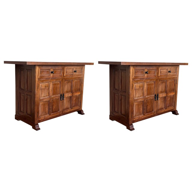 19th Century Pair of Catalan Carved Oak Tuscan Two Drawers Credenza or Buffet For Sale - Image 9 of 18