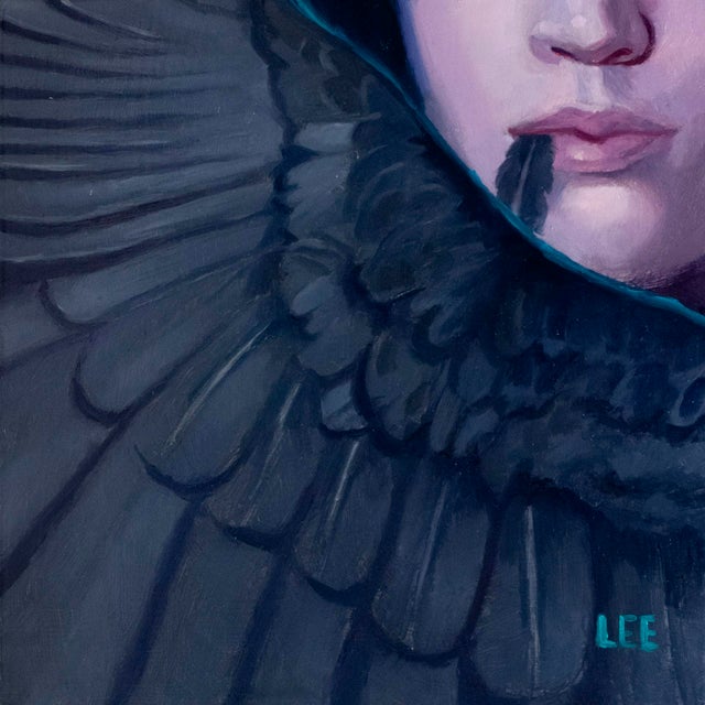 The artwork "Eat" presents a close-up view of a figure adorned in dark, feather-like textures that envelops the face,...