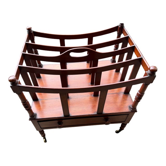 VTG Georgian Style Mahogany Canterbury Magazine Rack W/ Drawer & Brass Casters For Sale