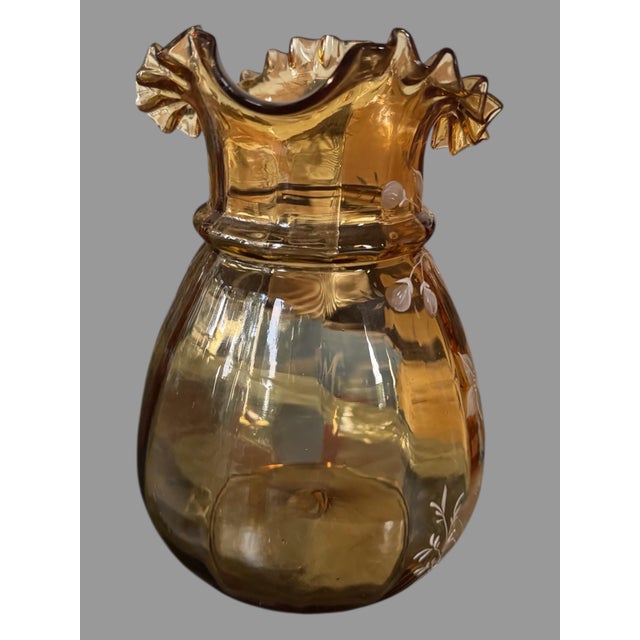 Amber Antique Victorian Floral Enamel Decorated Art Glass Water Pitcher With 4 Glasses For Sale - Image 8 of 10