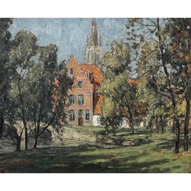 Antique Framed Oil Painting on Canvas signed DeMeer ~ 'View of Bruges' is a hand-painted view of the ancient city,...