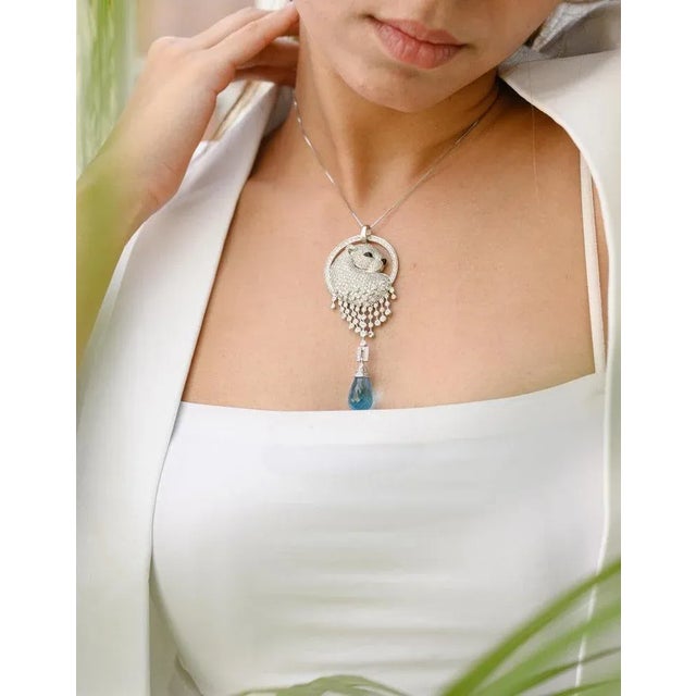 Contemporary 5.1ct Diamond Panther Pendant in 14k White Gold With 16.67ct Blue Topaz For Sale - Image 3 of 12