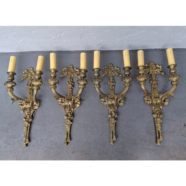 Stunning Set of 4 Antique Gold Bronze Louis XVI Tall Sconces Featuring Ribbon, Cornucopia, Floral, Tassel Detail Wall...