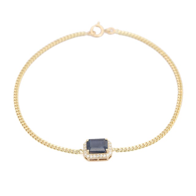 Not Yet Made - Made To Order Blue Sapphire & Diamond Emerald Cut Link Bracelet in 14k Gold For Sale - Image 5 of 11