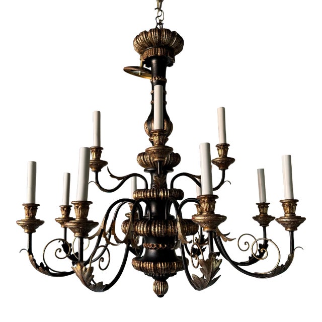 Italian Hollywood Regency Neoclassical - Style Carved Wood and Iron 12 - Arms Chandelier For Sale