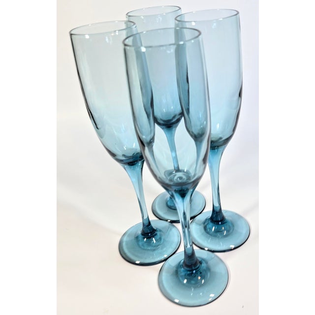 1980s Smoky Aqua Champagne Flutes- Set of Four For Sale - Image 5 of 10