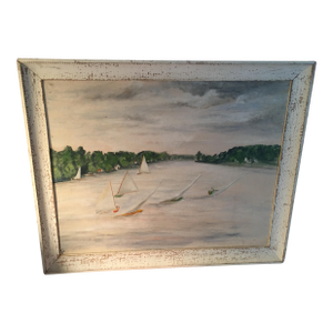 1940s Vintage Oil Painting of Sailboats on a Lake Mid- Century