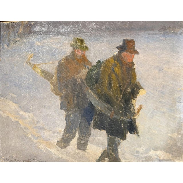 Albert Stagura, Lumberjack in the Snow, Oil Painting on Canvas, in Very Good conditions. Designed 1890 to 1919 This piece...