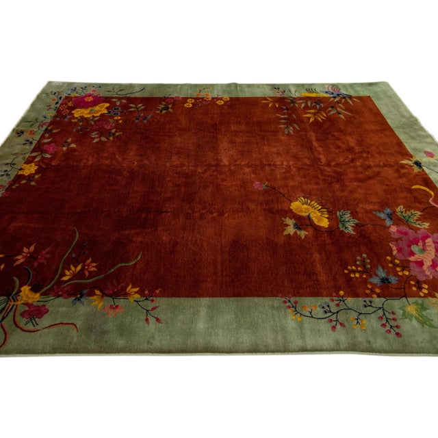 1920s Antique Chinese Art Deco Handmade Brown & Green Wool Rug With Traditional Motif For Sale - Image 5 of 7