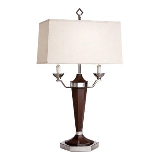 Late 20th Century Art Deco Revival Walnut & Chrome Table Lamp With Original Rectangular Shade and Diamond Finial For Sale