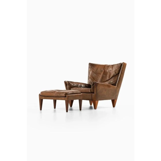 Set of Lounge Chair and Stool in Rosewood and Brown Leather attributed to Illum Wikkelsø, 1960s For Sale - Image 4 of 11
