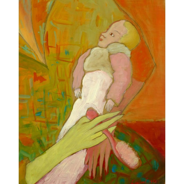 Mid-century tempera painting on paper in warm orange tones of parent with child by French artist Clairet, 1956. Signed and...