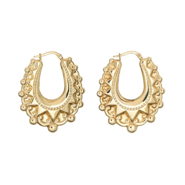 Textured Oval Hoop Earrings Vintage 14k Yellow Gold Drops Estate Jewellery - 2 Pieces For Sale - Image 4 of 4