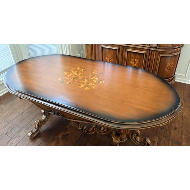Vintage Italian Provincial Baroque-Style Floral Marquetry Dining Table and 8 Chairs For Sale - Image 4 of 9