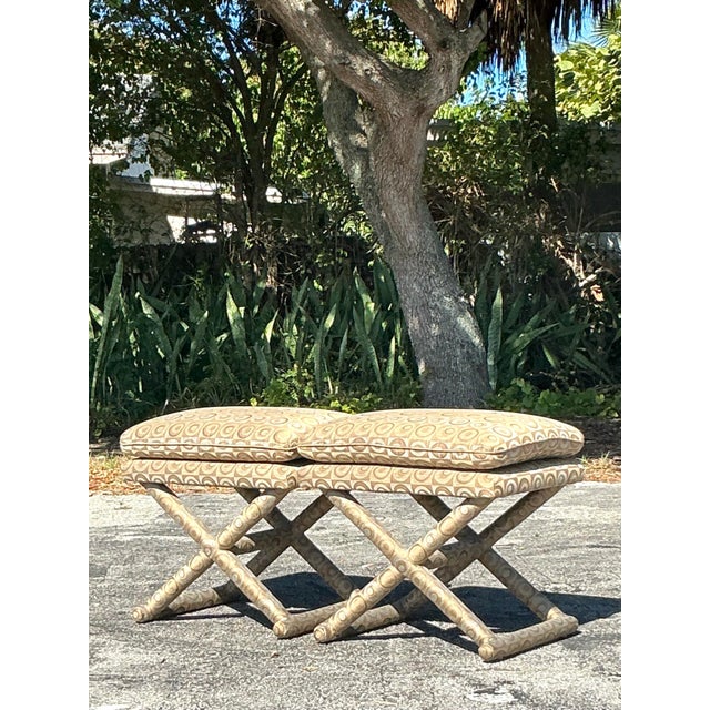 Wood Vintage Boho Mod Jacquard X Bench - A Pair For Sale - Image 7 of 12
