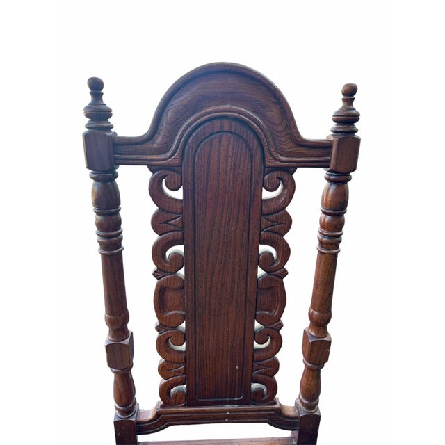 Henry Link Henry Link 'Majorca' Spanish Style Carved Oak Dining Chairs With Leather Seat Upholstery - Set of 6 - Vintage Mid 20th Century For Sale - Image 4 of 8