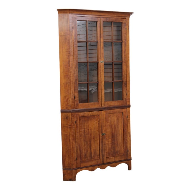 American Early 17th C. Tiger Maple Corner China Cabinet For Sale
