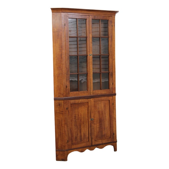American Early 19th C. Tiger Maple Corner China Cabinet For Sale