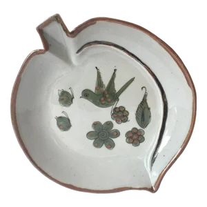 Vintage El Palomar Ken Edwards Handmade Pottery Bird Dish Plate Leaf Shape Bohemian Ceramic Mexican Platter Bowl