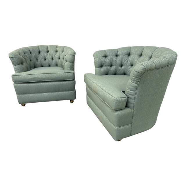 Mid-Century Modern Tufted Barrel Back Club Chairs - Set of 2 For Sale