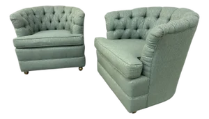 Mid-Century Modern Tufted Barrel Back Club Chairs - Set of 2