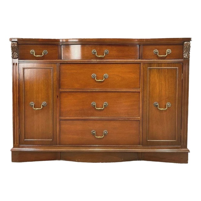 Vintage Mahogany Bow Front Server Sideboard Buffet Cabinet Brass Hardware Traditional Dining Room Storage For Sale