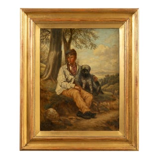 English 1880s Oil on Canvas Painting of a Boy with His Dog in Antique Gilt Frame For Sale