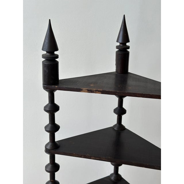 Wood Antique Ebonized Tiered Spool Corner Shelf With Exaggerated Finials, Circa Late 19th Century For Sale - Image 7 of 18