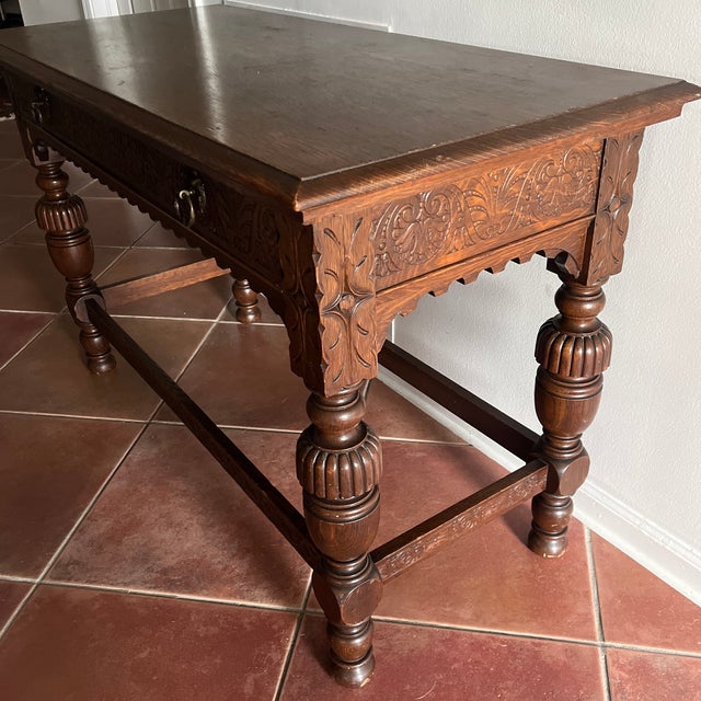 Antique Console Robert Mitchell Furniture Co. Carved Quarter-Sawn Oak Jacobean Revival Library Table, Cincinnati, C. 1900–1915 For Sale - Image 11 of 12