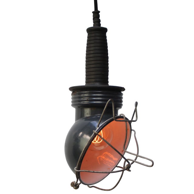 Vintage Industrial Blue Enamel Work Pendant Lamp For Sale - Image 4 of 7