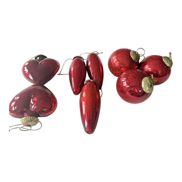 Vintage(8)Christmas Crackle Glass Kugel Style Ornaments Hearts,balls,teardrop Ruby Red Christmas Holiday Decor For Sale