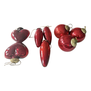 Vintage(8)Christmas Crackle Glass Kugel Style Ornaments Hearts,balls,teardrop Ruby Red Christmas Holiday Decor