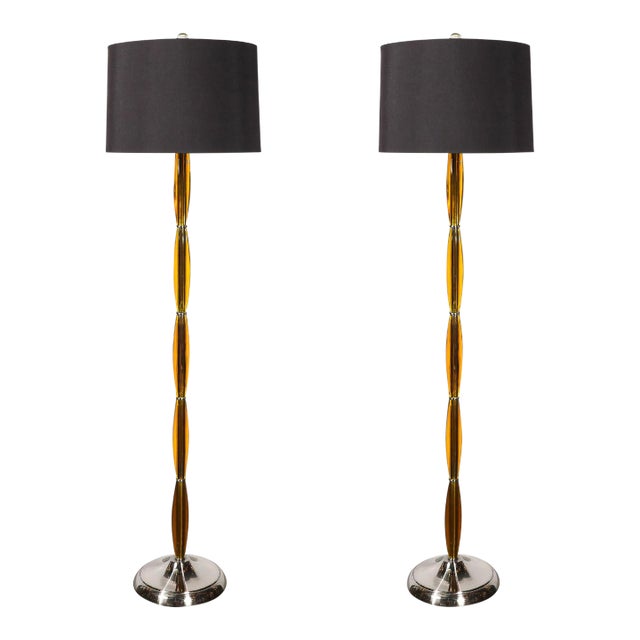 Mid 20th Century Mid-Century Modern Segmented Amber Bakelite & Brushed Chrome Floor Lamps - a Pair For Sale