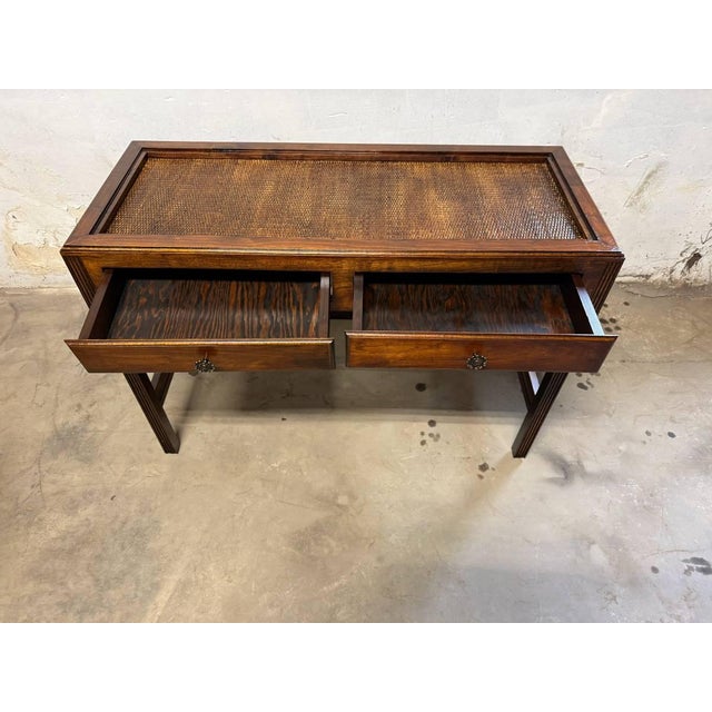 Wood Vintage Chinioiserie Style Glass Rattan Top 2 Tier Console Table Desk For Sale - Image 7 of 14
