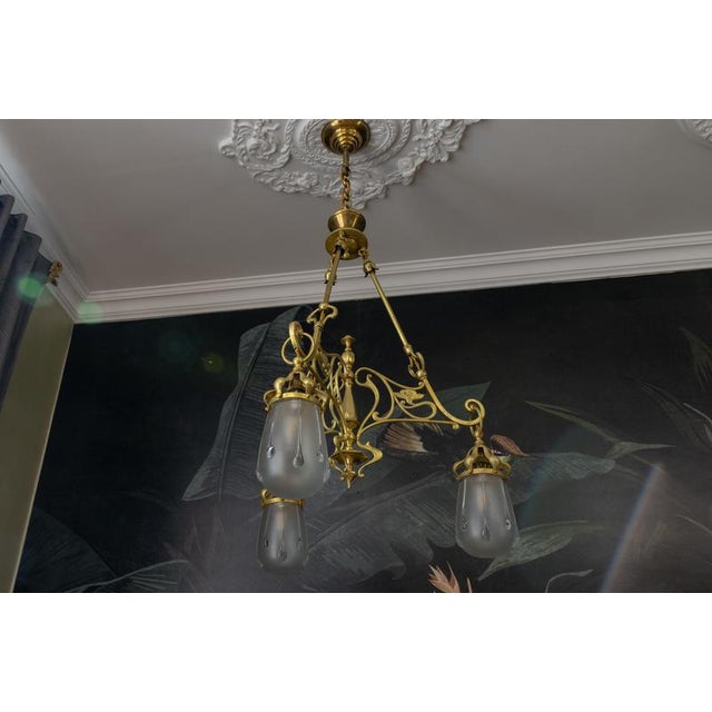 French Art Nouveau Brass and Frosted Glass Three-Light Chandelier, circa 1920 For Sale - Image 13 of 18