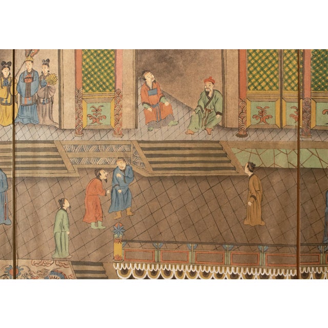 Taupe "Imperial Palace", Large Vintage Painted Chinese Screen For Sale - Image 8 of 18