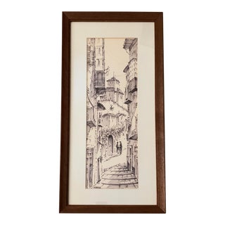 Vintage Street Scene Ink Drawing, Framed For Sale