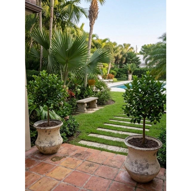 Pair of Vintage Faux-Stone Chipped Resin Garden Planters For Sale In West Palm - Image 6 of 12