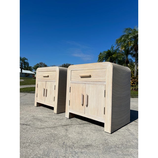 An elegant pair of 1970s vintage nightstands designed in the style of Gabriella Crespi. These striking bedside tables...