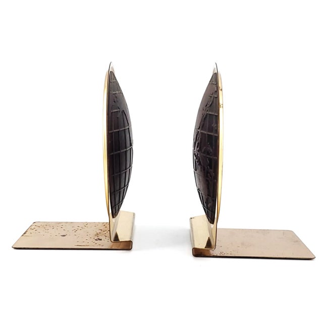 Brass 1960s Jere Style World Atlas Brass Plated and Brown Vinyl Bookends Depicting the Eastern and Western Hemispheres, Signed - a Pair For Sale - Image 8 of 12