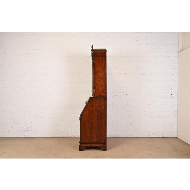 Baker Furniture Style Georgian Carved Walnut and Burl Wood Bureau With Drop Front Secretary Desk For Sale - Image 11 of 13